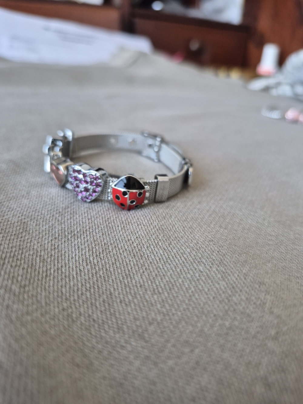Silver Small Pet Accessory Bracelet with Red Ladybug and Pink Heart Charms